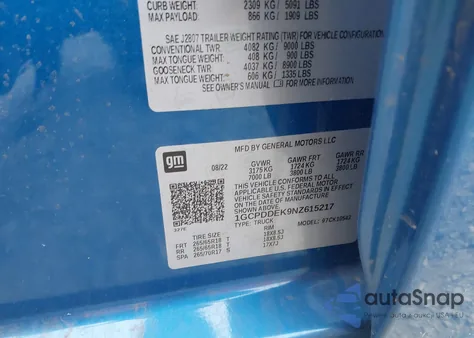 2022 Chevrolet Silverado 1500 4Wd Standard Bed Lt z USA, uszkodzony, nr VIN 1GCPDDEK9NZ615217